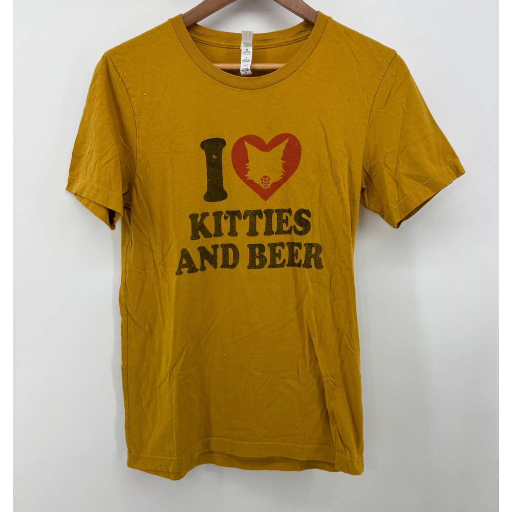 I Love Kitties & Beer T-Shirt Women's Small Gold Graphic Print Short Sleeve